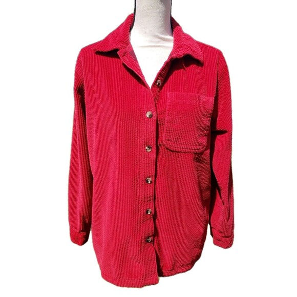 LL Bean Womens Red Corduroy Relaxed Tunic Button Up Flannel Lined Shaket Sz Sml - Picture 2 of 15